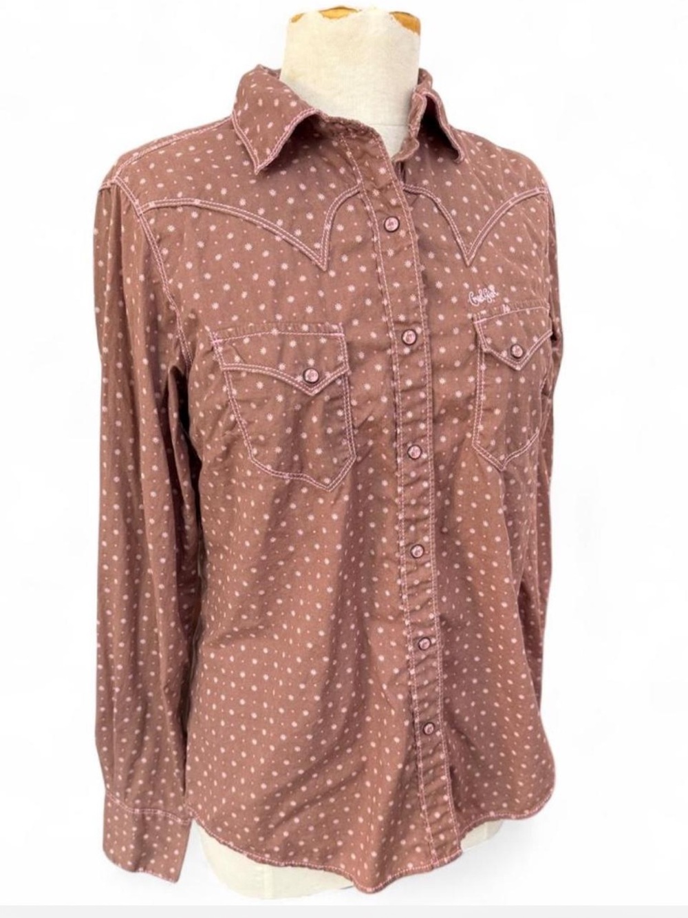Brown and Pink Western yoke and snap shirt Large (juniors)